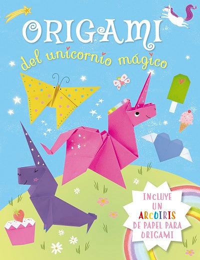 Origami del unicornio mágico. Incluye un arcoíris de papel para origami